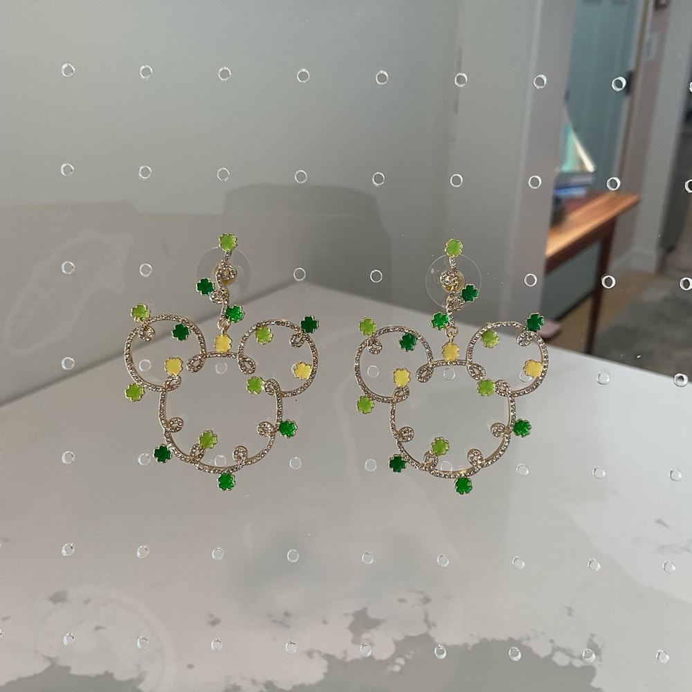 Disney Mickey Mouse Gold Rhinestone Saint Patrick’s Day Clover Earrings